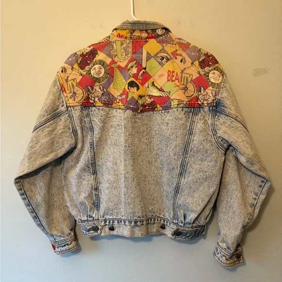 Get Used by Elie Vintage Denim Jacket with Colorful Patchwork, Size Small Womens